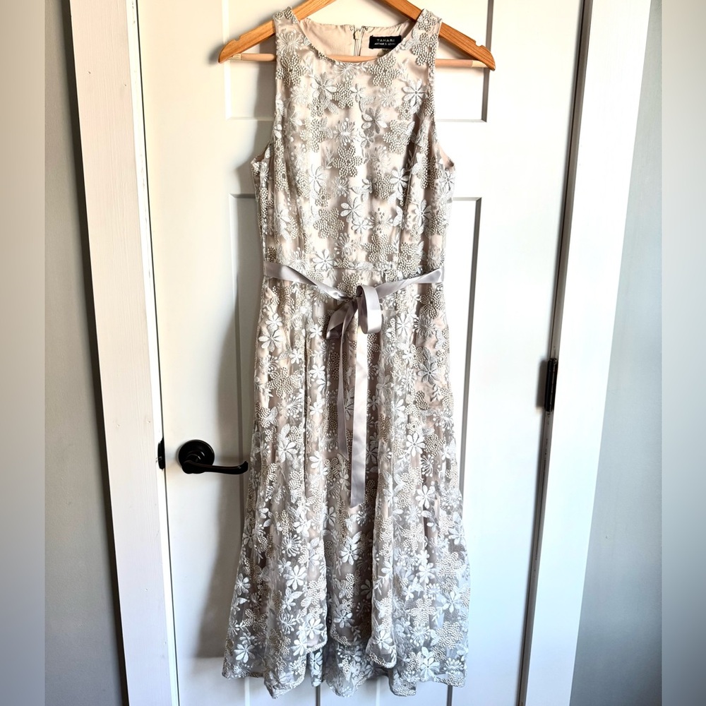 Tahari Embroidered Fit & Flare Hi-Low Midi Dress 4 - Picture 5 of 12